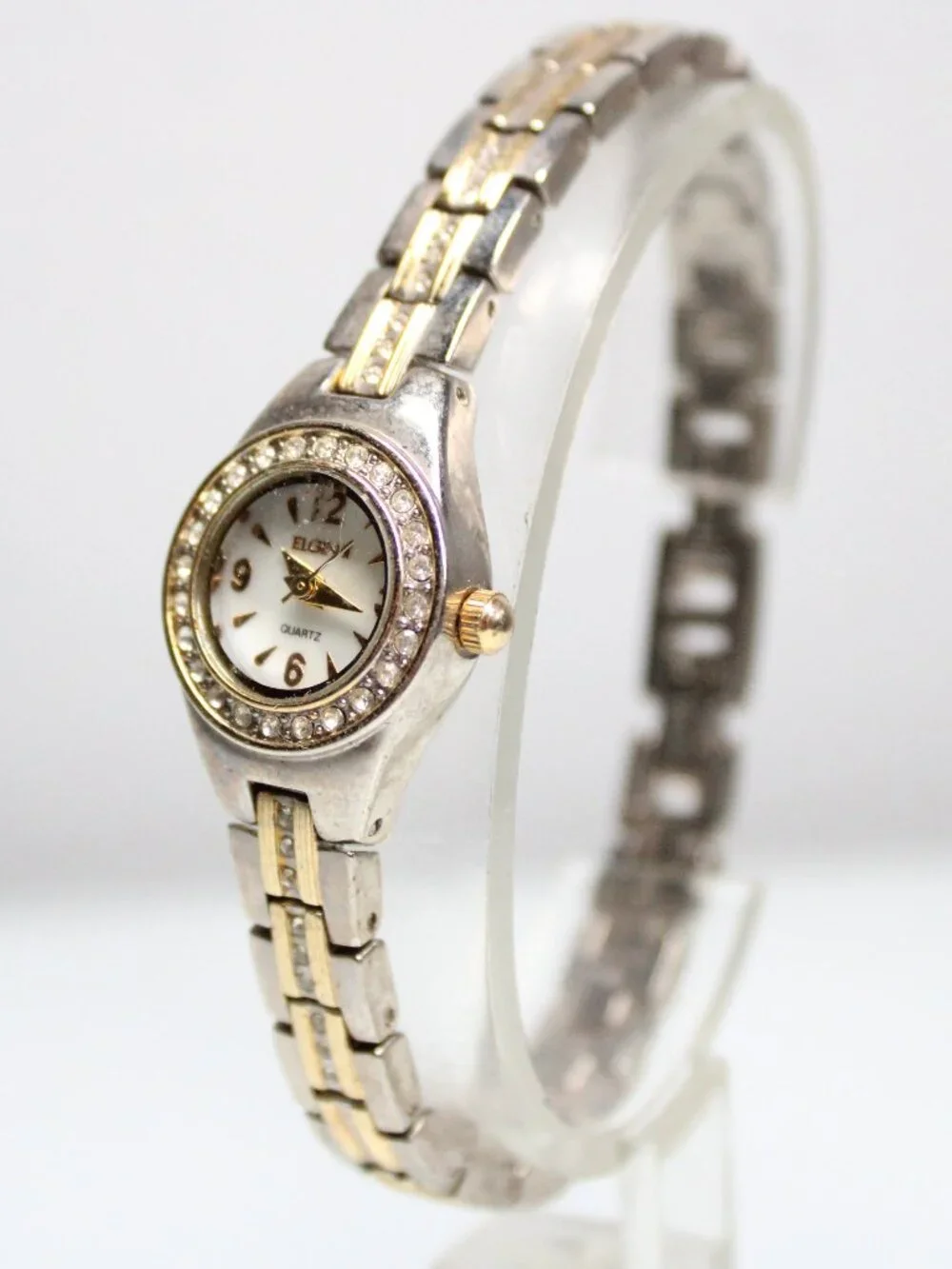 Elgin Women's Quartz Watch Two Tone Crystal Bezel White Dial Bracelet